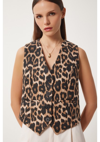 Leopar Desenli Kaşe Yelek