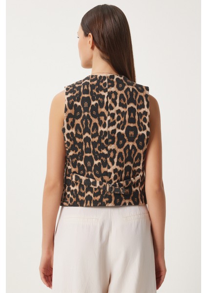 Leopar Desenli Kaşe Yelek