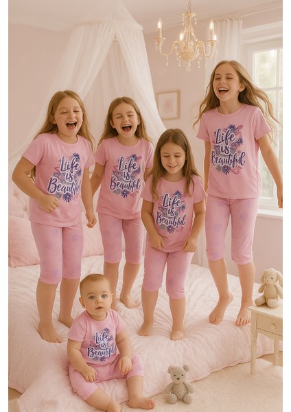 Life;sbeatiful Yazılı Kız Çocuk Pijama Takımı Pembe 1-12 Yaş