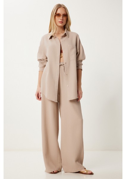 Oversize Müslin Gömlek Pantolon Takım LSA0014 BEJ fiyatları