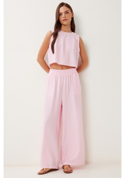 Bağlama Detaylı Bluz Pantolon Takım LRV0104 ŞEKER PEMBE