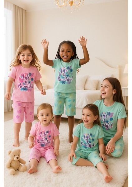 Life;sbeatiful Yazılı Kız Çocuk Pijama Takımı Pembe 1-12 Yaş