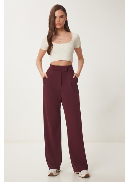 Beli Cırtlı Rahat Palazzo Pantolon LRV0003 BORDO