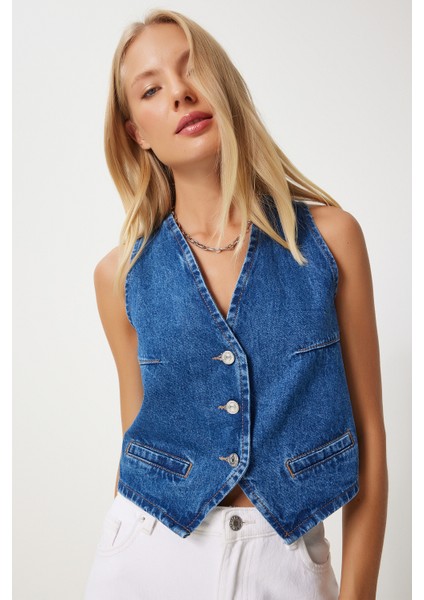 V Yaka Crop Denim Yelek