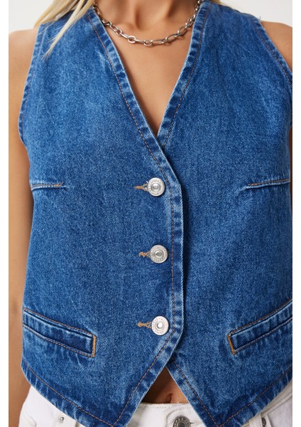 V Yaka Crop Denim Yelek