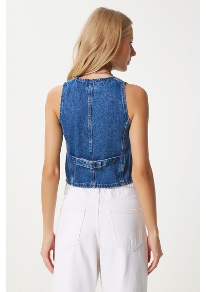 V Yaka Crop Denim Yelek
