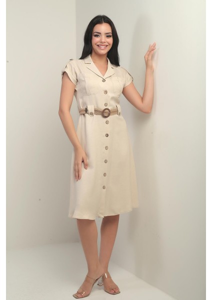 Kadın Yakalı Düşük Omuz Çift Cepli Kemerli Keten Efektli Elbise