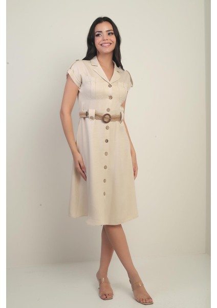 Kadın Yakalı Düşük Omuz Çift Cepli Kemerli Keten Efektli Elbise fiyatları