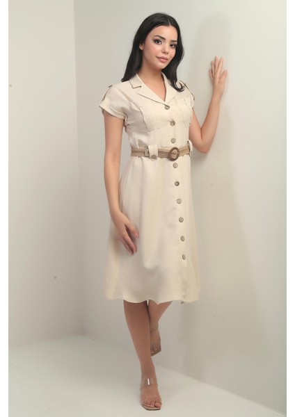 Kadın Yakalı Düşük Omuz Çift Cepli Kemerli Keten Efektli Elbise modelleri