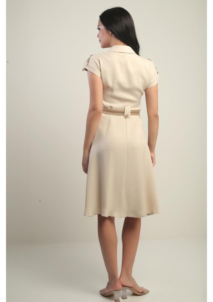 Kadın Yakalı Düşük Omuz Çift Cepli Kemerli Keten Efektli Elbise fırsatları