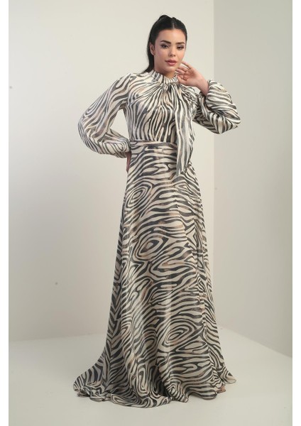 Kadın Fular Detaylı Astarlı Zebra Desenli Saten Uzun Elbise fiyatları