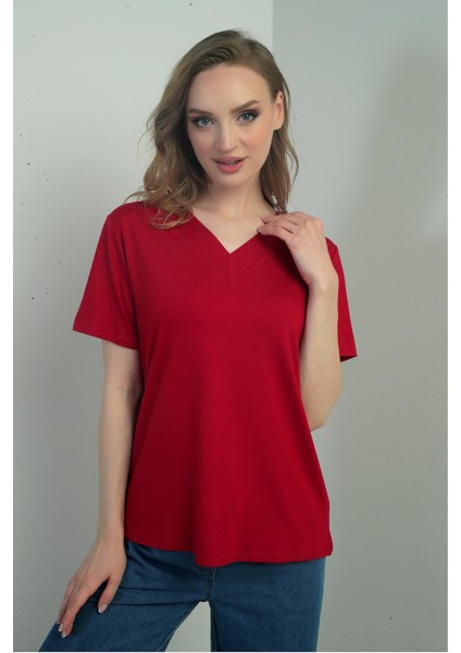 Kadın V Yaka Yırtmaçlı Kısa Kol Bluz fiyatları