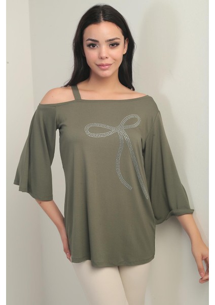 Kadın Tek Omuzlu Fiyonk Taş Baskılı Likralı Bluz