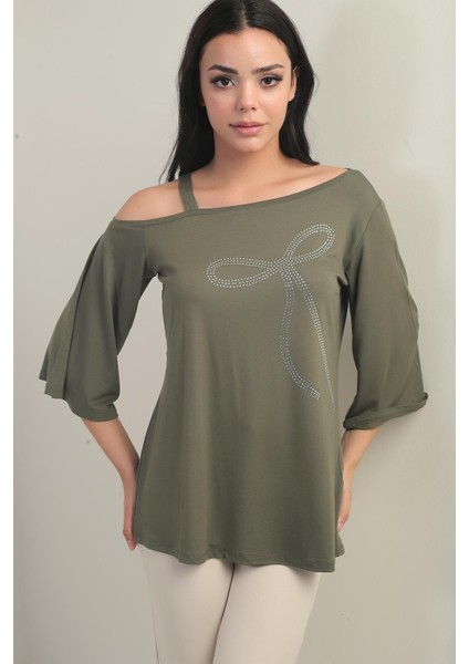 Kadın Tek Omuzlu Fiyonk Taş Baskılı Likralı Bluz fiyatları