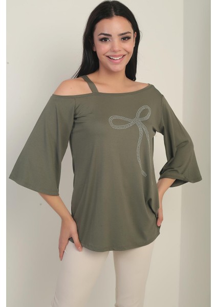 Kadın Tek Omuzlu Fiyonk Taş Baskılı Likralı Bluz modelleri
