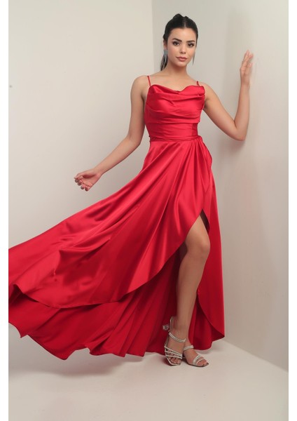 Kadın Ip Askılı Arkadan Bağcıklı Astarlı Volanlı Uzun Saten Elbise