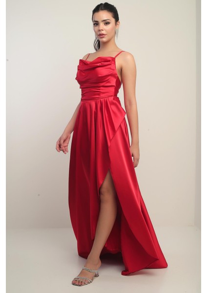 Kadın Ip Askılı Arkadan Bağcıklı Astarlı Volanlı Uzun Saten Elbise fiyatları