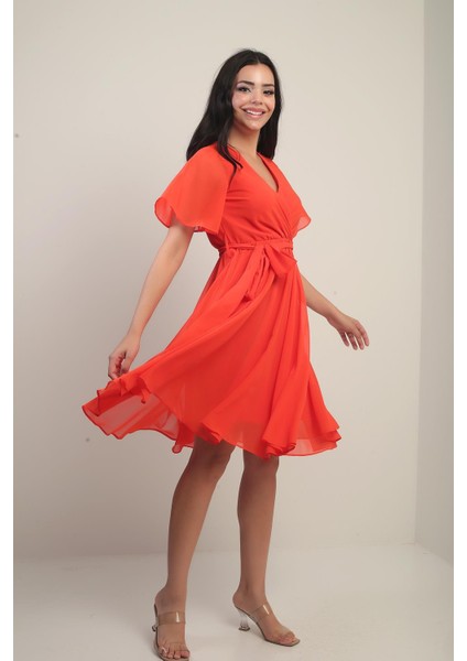 Kadın Kruvaze Yaka Volan Kollu Astarlı Şifon Elbise