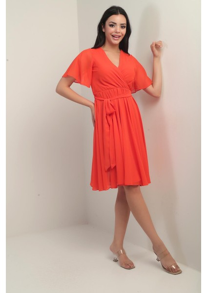 Kadın Kruvaze Yaka Volan Kollu Astarlı Şifon Elbise modelleri