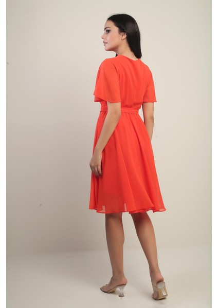 Kadın Kruvaze Yaka Volan Kollu Astarlı Şifon Elbise fırsatları