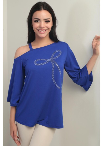 Kadın Tek Omuzlu Fiyonk Taş Baskılı Likralı Bluz