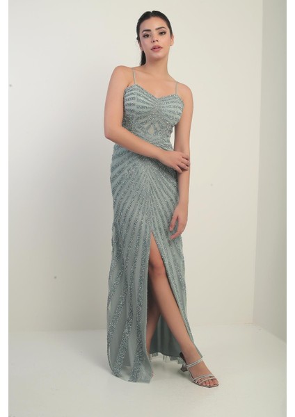 Kadın Ip Askılı Flok Taş Baskılı Astarlı Tül Uzun Elbise fiyatları