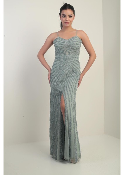 Kadın Ip Askılı Flok Taş Baskılı Astarlı Tül Uzun Elbise modelleri