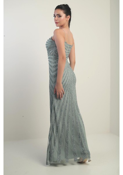 Kadın Ip Askılı Flok Taş Baskılı Astarlı Tül Uzun Elbise fırsatları