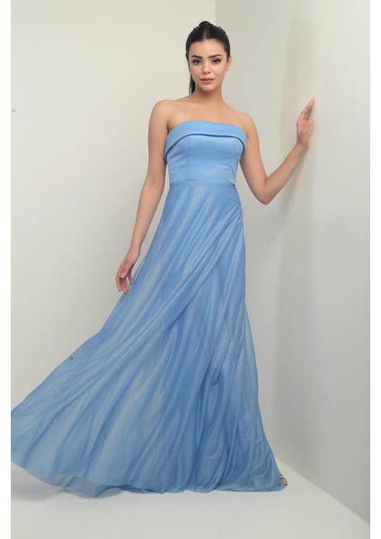 Kadın Yakası Süngerli Astarlı Simli Uzun Tül Elbise