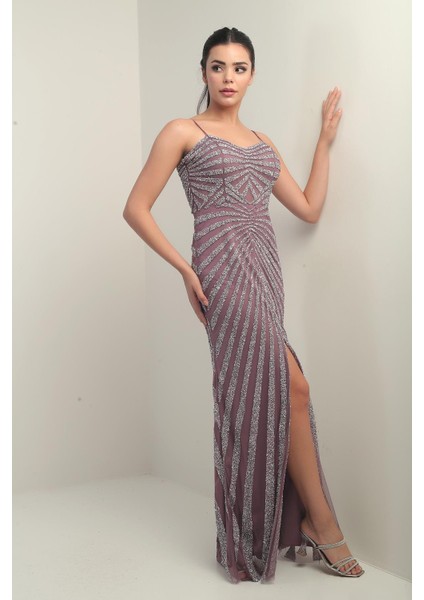 Kadın Ip Askılı Flok Taş Baskılı Astarlı Tül Uzun Elbise