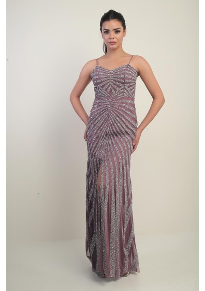 Kadın Ip Askılı Flok Taş Baskılı Astarlı Tül Uzun Elbise fiyatları