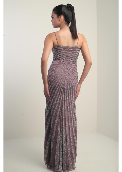 Kadın Ip Askılı Flok Taş Baskılı Astarlı Tül Uzun Elbise fırsatları