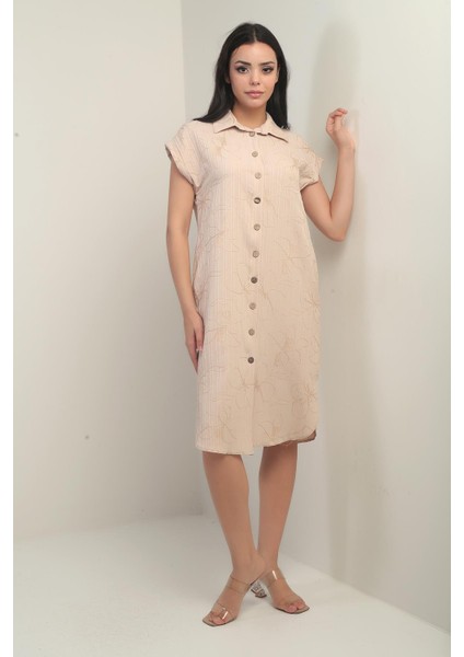 Kadın Yanları Yırtmaçlı Kısa Kollu Kordeneli Cepli Gömlek Elbise