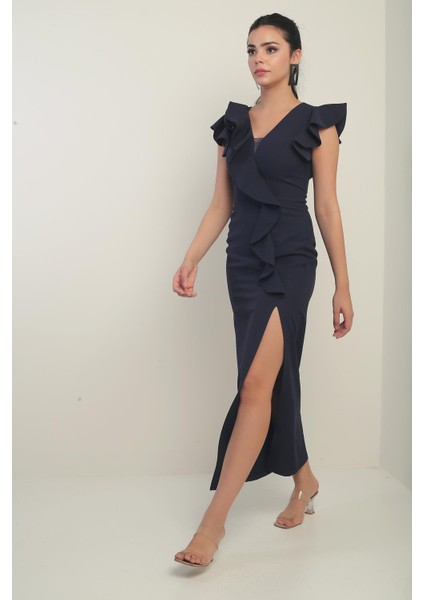 Kadın Omuzu Güllü Işlemeli Astarlı Önü Yırtmaçlı Volanlı Uzun Elbise