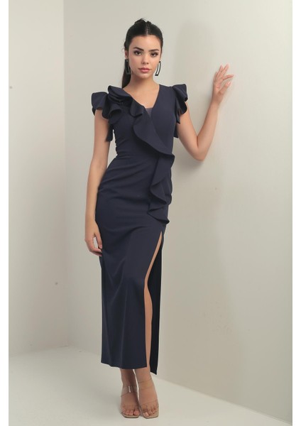 Kadın Omuzu Güllü Işlemeli Astarlı Önü Yırtmaçlı Volanlı Uzun Elbise fiyatları