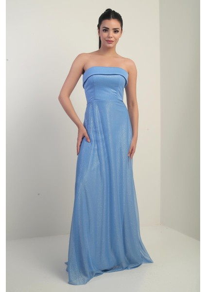 Kadın Yakası Süngerli Astarlı Simli Uzun Tül Elbise fiyatları