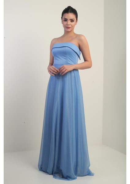 Kadın Yakası Süngerli Astarlı Simli Uzun Tül Elbise modelleri