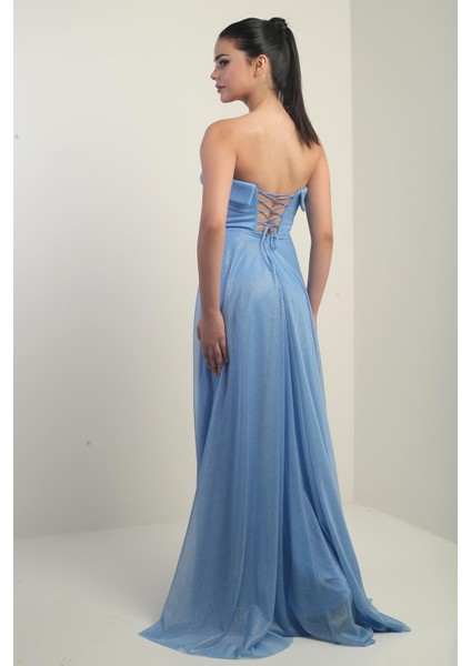 Kadın Yakası Süngerli Astarlı Simli Uzun Tül Elbise fırsatları