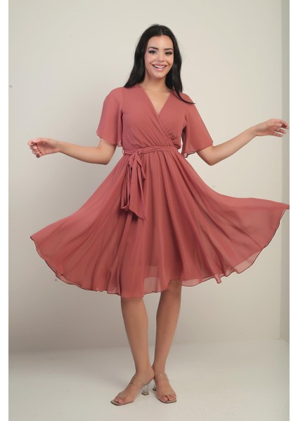 Kadın Kruvaze Yaka Volan Kollu Astarlı Şifon Elbise