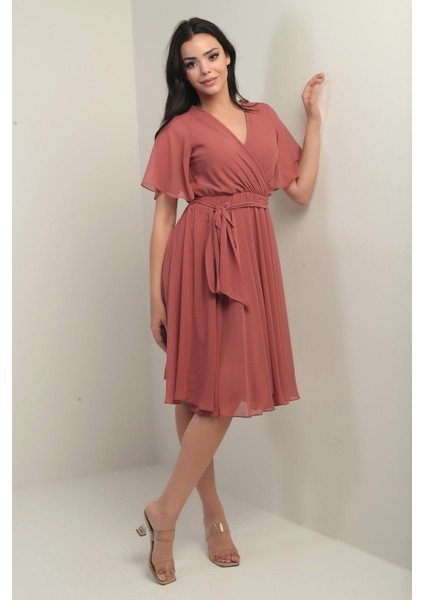 Kadın Kruvaze Yaka Volan Kollu Astarlı Şifon Elbise modelleri