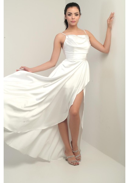 Kadın Ip Askılı Arkadan Bağcıklı Astarlı Volanlı Uzun Saten Elbise