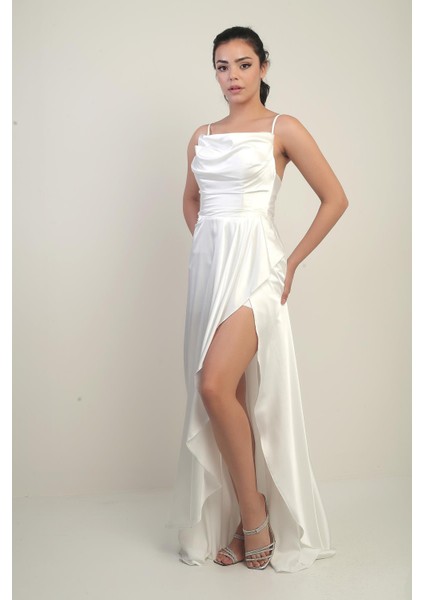 Kadın Ip Askılı Arkadan Bağcıklı Astarlı Volanlı Uzun Saten Elbise fiyatları