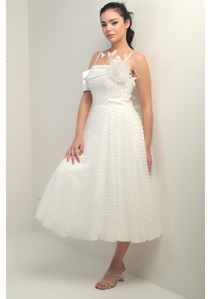 Kadın Ip Askılı Arkası Bağcıklı Düşük Tek Kol Tüy Broşlu Astarlı Pıtırcık Kumaş Elbise fiyatları