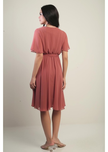 Kadın Kruvaze Yaka Volan Kollu Astarlı Şifon Elbise fırsatları