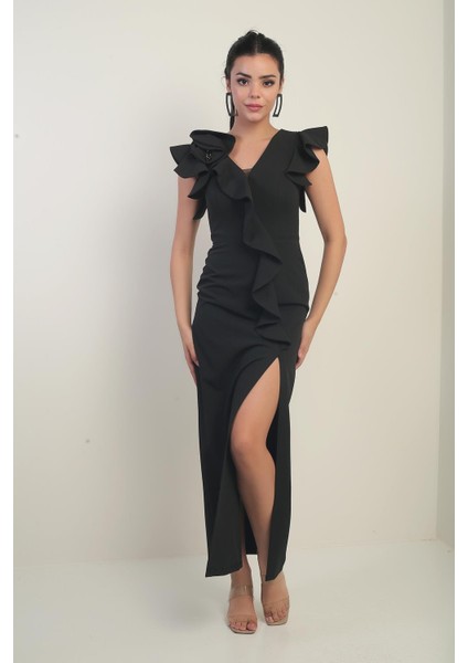 Kadın Omuzu Güllü Işlemeli Astarlı Önü Yırtmaçlı Volanlı Uzun Elbise