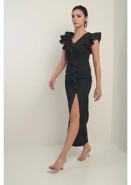 Kadın Omuzu Güllü Işlemeli Astarlı Önü Yırtmaçlı Volanlı Uzun Elbise fiyatları