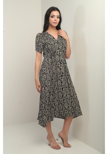 Kadın V Yakalı Bel Nervürlü Önü Düğmeli Etnik Desen Midi Elbise modelleri
