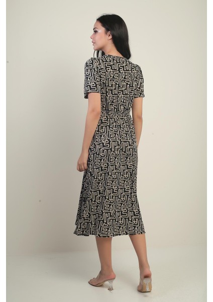 Kadın V Yakalı Bel Nervürlü Önü Düğmeli Etnik Desen Midi Elbise fırsatları