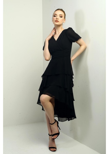 Kadın Kruvaze Yaka Arkası Fermuarlı Katkat Pileli Şifon Elbise