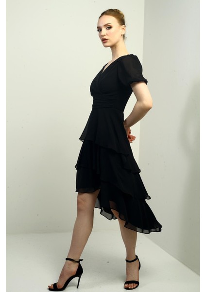 Kadın Kruvaze Yaka Arkası Fermuarlı Katkat Pileli Şifon Elbise fiyatları